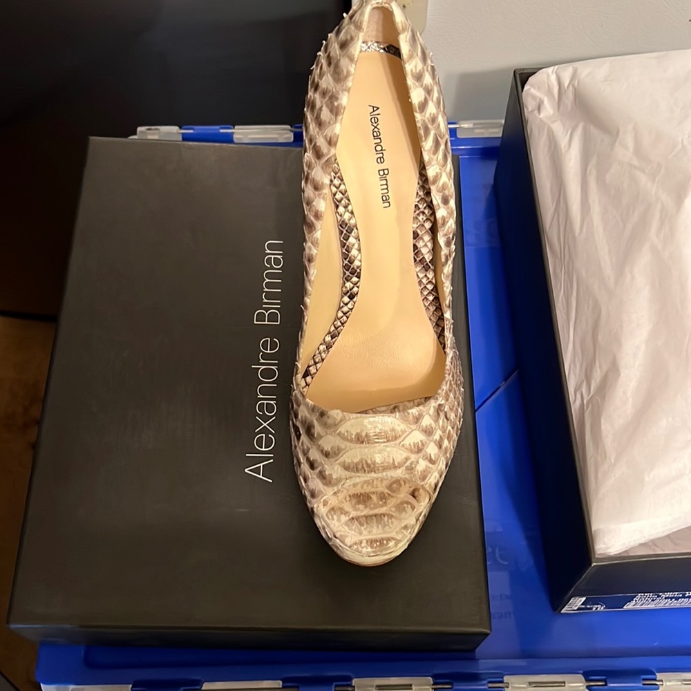 Alexander Birman open toe snake pump with platform in front for comfort